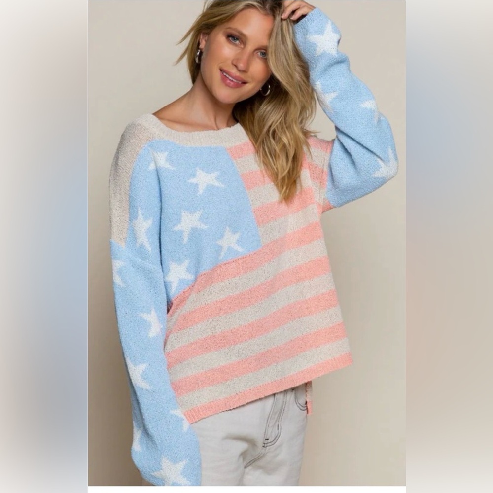 POL Pastel American Flag Sweater in Light Blue, Pale Pink & Cream